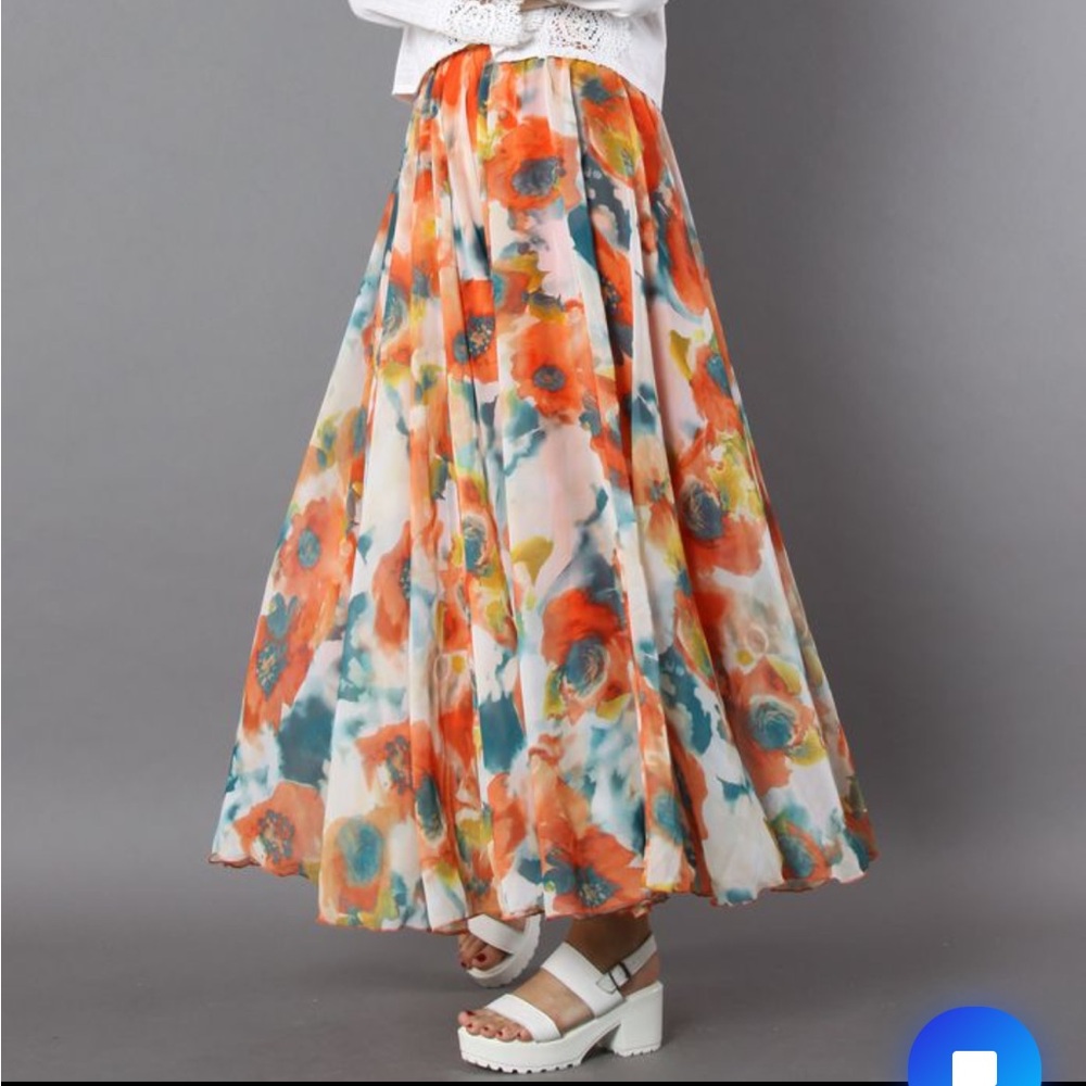 Chicwish Floral Maxi Skirt - Orange Teal
